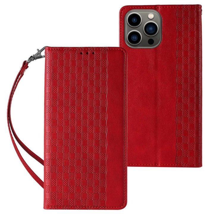 Magneto dirželio dėklas iPhone 14 Pro Max Flip Wallet Mini Lanyard Stand Red dėklas