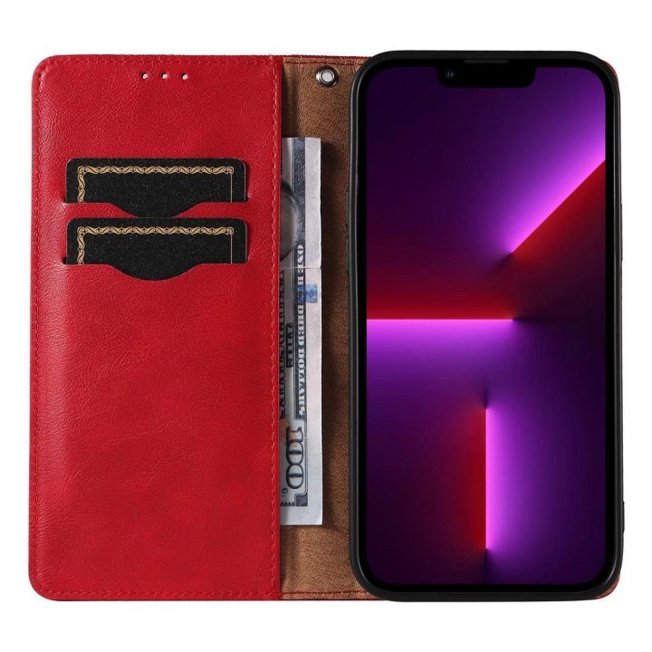 Magneto dirželio dėklas iPhone 14 Pro Max Flip Wallet Mini Lanyard Stand Red dėklas