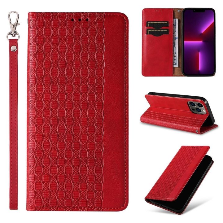 Magneto dirželio dėklas iPhone 14 Pro Max Flip Wallet Mini Lanyard Stand Red dėklas