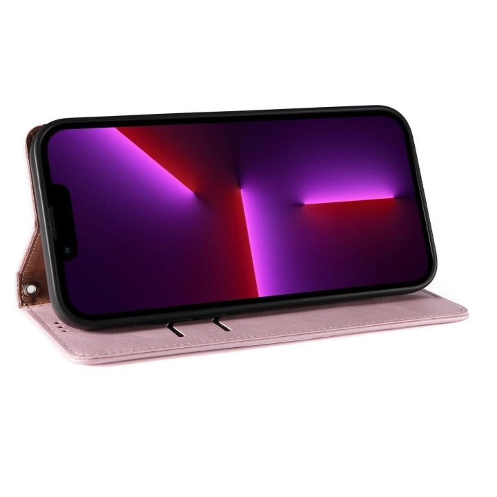 Magneto dirželio dėklas iPhone 14 Pro Max Flip Wallet Mini Lanyard Stand Pink