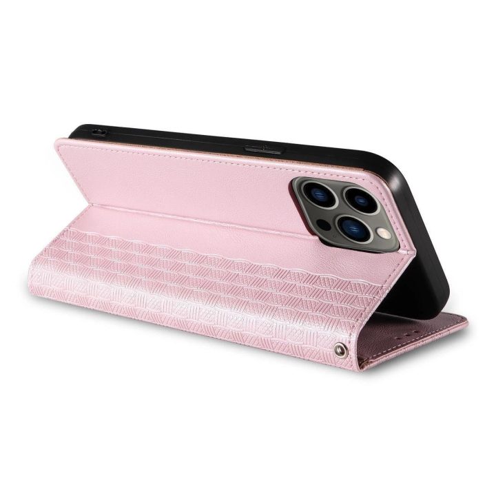 Magneto dirželio dėklas iPhone 14 Pro Max Flip Wallet Mini Lanyard Stand Pink