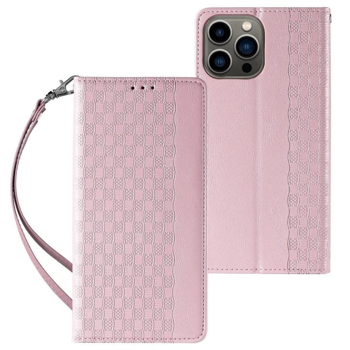 Magneto dirželio dėklas iPhone 14 Pro Max Flip Wallet Mini Lanyard Stand Pink