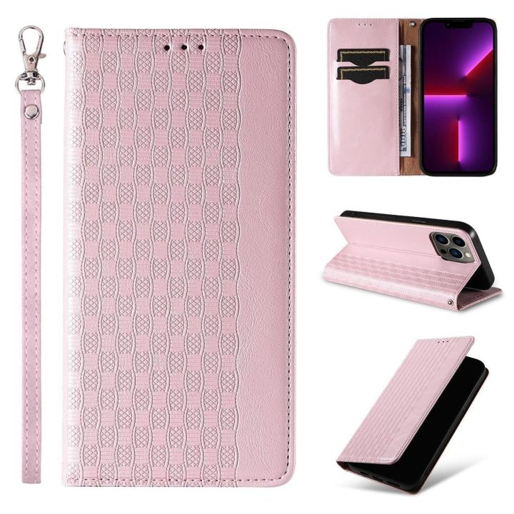 Magneto dirželio dėklas iPhone 14 Pro Max Flip Wallet Mini Lanyard Stand Pink