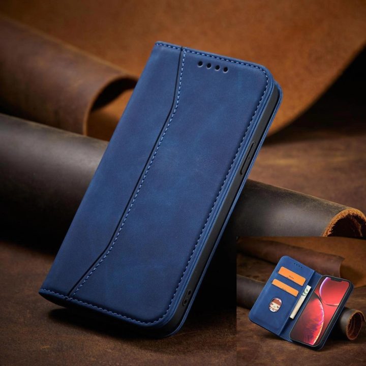Magnetinis Fancy Case dėklas iPhone 14 , apverčiamasis dangtelis, piniginės stovas, mėlynas