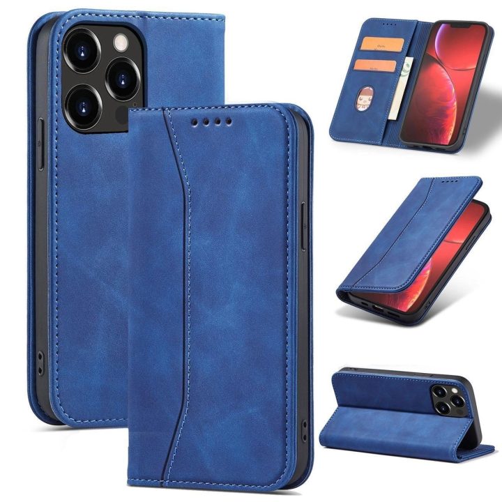 Magnetinis Fancy Case dėklas iPhone 14 , apverčiamasis dangtelis, piniginės stovas, mėlynas