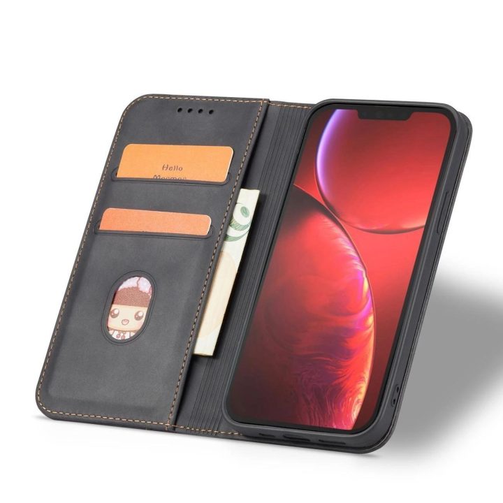 iPhone 14 Plus , apverčiamasis dangtelis, piniginės stovas, juodas