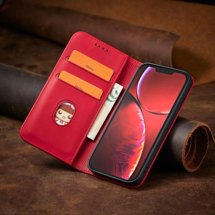 iPhone 14 Plus , apverčiamasis dangtelis, piniginės stovas, raudonas