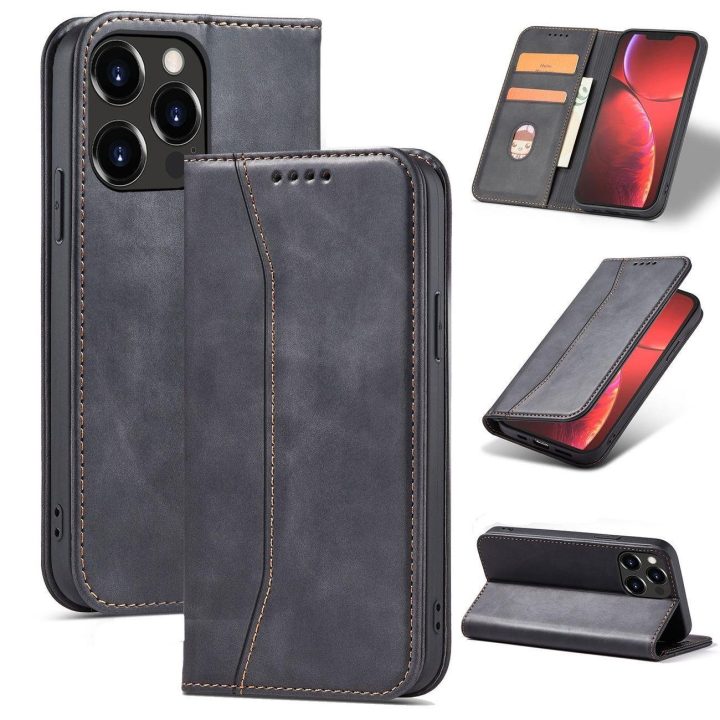 iPhone 14 Pro , apverčiamas dangtelis, piniginės stovas, juodas