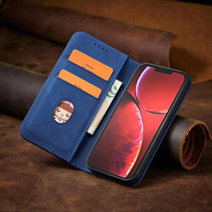 iPhone 14 Pro , apverčiamasis dangtelis, piniginės stovas, mėlynos spalvos