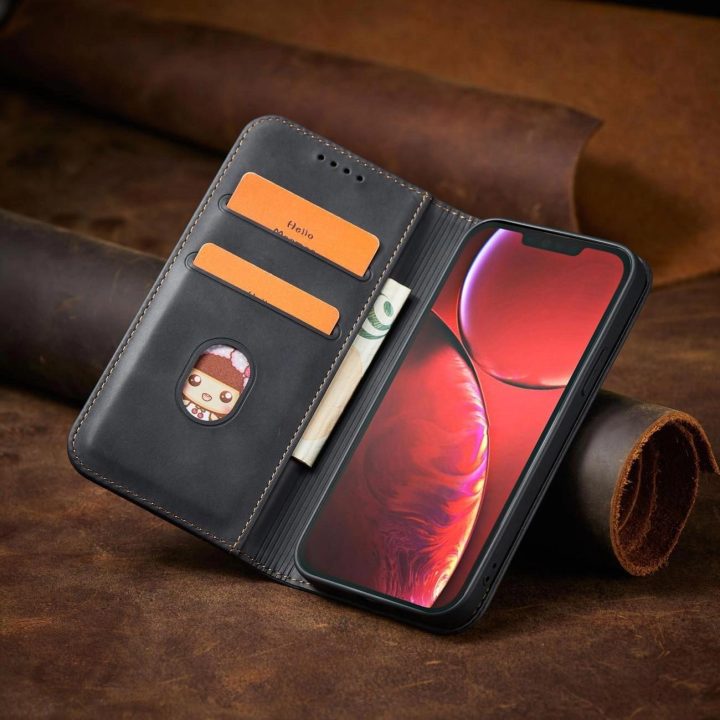 iPhone 14 Pro Max , apverčiamasis dangtelis, piniginės stovas, juodas