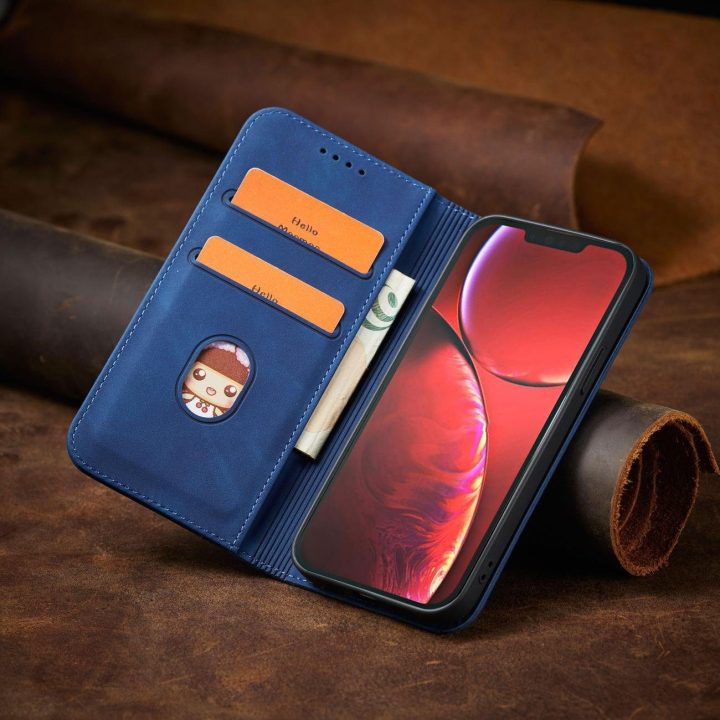 iPhone 14 Pro Max dangtelis su atverčiamu piniginės stovu, mėlynas