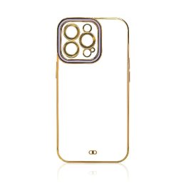 iPhone 12 Pro madingas korpusas su auksiniu rėmeliu, geliniu dangteliu, violetinės spalvos