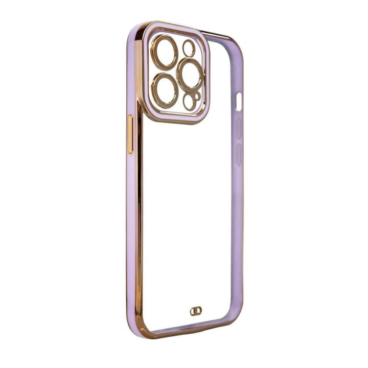 iPhone 12 Pro madingas korpusas su auksiniu rėmeliu, geliniu dangteliu, violetinės spalvos