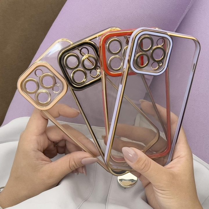 iPhone 12 Pro madingas korpusas su auksiniu rėmeliu ir geliniu dangteliu, raudonas