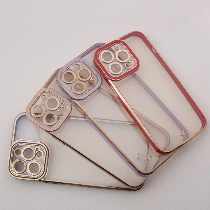 iPhone 12 Pro madingas korpusas su auksiniu rėmeliu ir geliniu dangteliu, raudonas