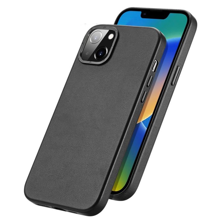 Grit odinis dėklas iPhone 14 Plus , elegantiškas dirbtinės odos dangtelis (suderinamas su MagSafe ), juodas