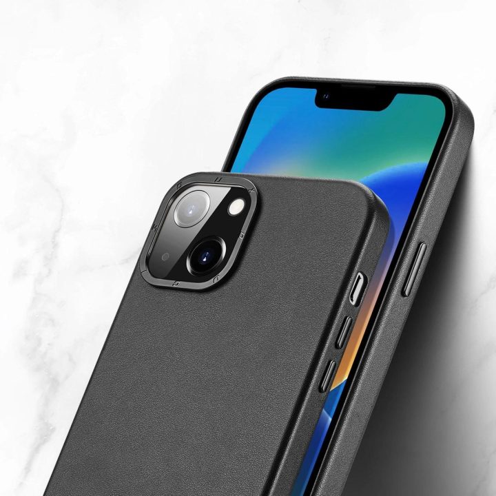 Grit odinis dėklas iPhone 14 Plus , elegantiškas dirbtinės odos dangtelis (suderinamas su MagSafe ), juodas