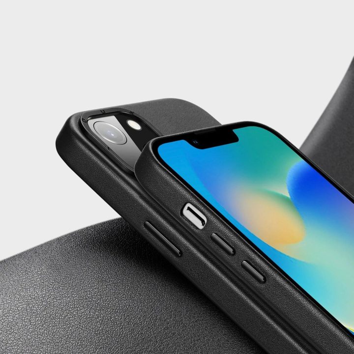 Grit odinis dėklas iPhone 14 Plus , elegantiškas dirbtinės odos dangtelis (suderinamas su MagSafe ), juodas