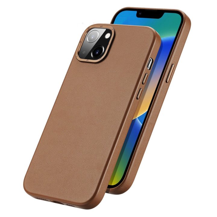 Grit odinis dėklas iPhone 14 Plus , elegantiškas dirbtinės odos dangtelis (suderinamas su MagSafe ), rudas