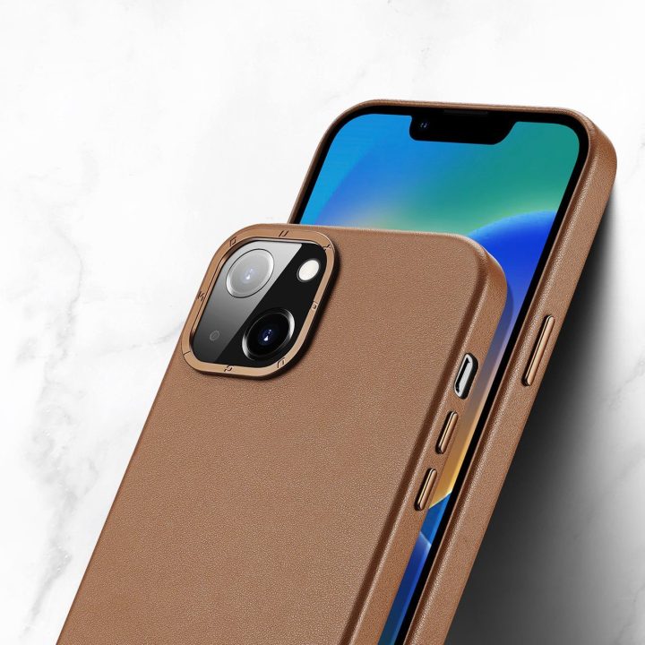 Grit odinis dėklas iPhone 14 Plus , elegantiškas dirbtinės odos dangtelis (suderinamas su MagSafe ), rudas