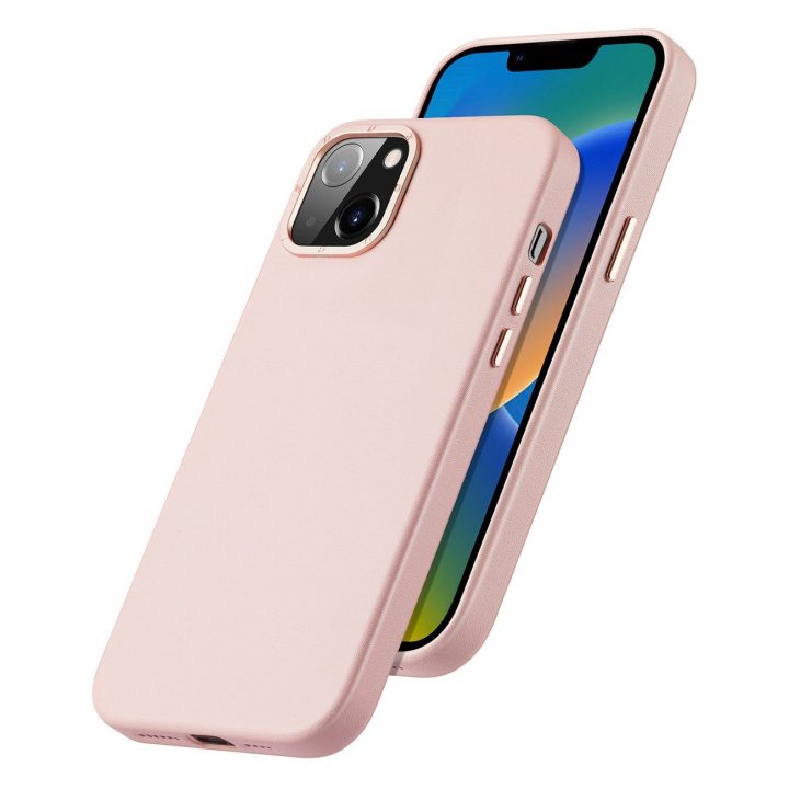 Grit odinis dėklas iPhone 14 Plus , elegantiškas dirbtinės odos dangtelis (suderinamas su MagSafe ), rožinis