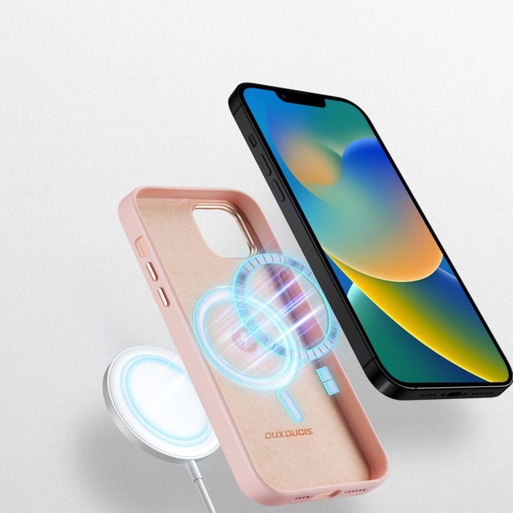 Grit odinis dėklas iPhone 14 Plus , elegantiškas dirbtinės odos dangtelis (suderinamas su MagSafe ), rožinis