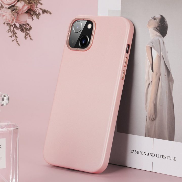 Grit odinis dėklas iPhone 14 Plus , elegantiškas dirbtinės odos dangtelis (suderinamas su MagSafe ), rožinis
