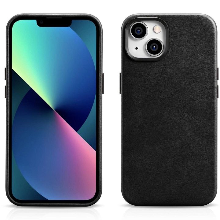 iCarer Oil Wax Premium odinis dėklas iPhone 14 Plus magnetinis odinis dėklas su MagSafe juodas (WMI14220703-BK)