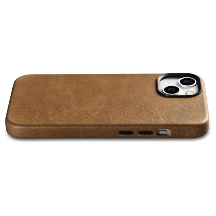 iCarer Oil Wax Premium odinis dėklas iPhone 14 Plus magnetinis odinis dėklas su MagSafe rudos spalvos (WMI14220703-TN)