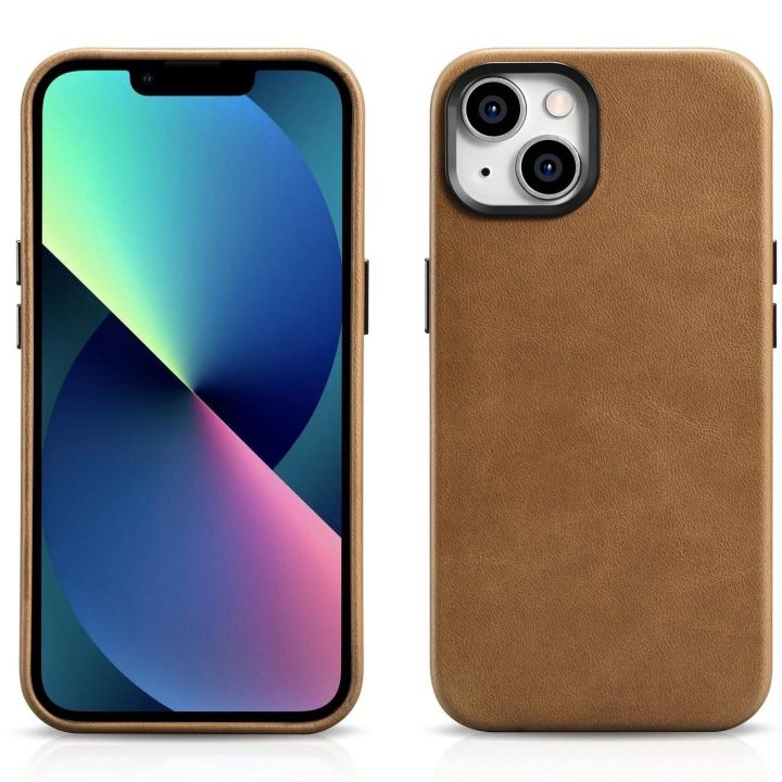 iCarer Oil Wax Premium odinis dėklas iPhone 14 Plus magnetinis odinis dėklas su MagSafe rudos spalvos (WMI14220703-TN)
