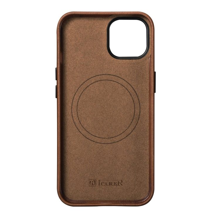 iCarer Oil Wax Premium odinis dėklas iPhone 14 Plus magnetinis odinis dėklas su MagSafe rudos spalvos (WMI14220703-RB)