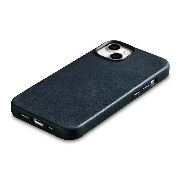 iCarer Oil Wax Premium odinis dėklas iPhone 14 Plus magnetinis odinis dėklas su MagSafe , tamsiai mėlynas (WMI14220703-BU)