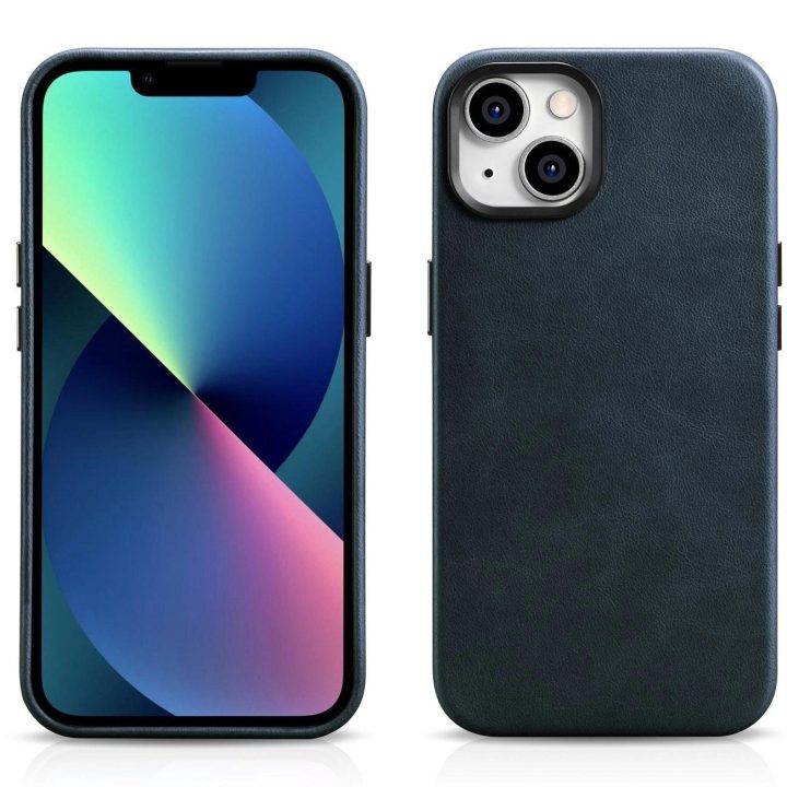 iCarer Oil Wax Premium odinis dėklas iPhone 14 Plus magnetinis odinis dėklas su MagSafe , tamsiai mėlynas (WMI14220703-BU)