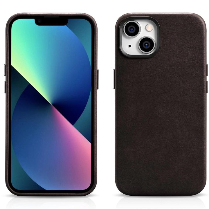 iCarer Oil Wax Premium odinis dėklas iPhone 14 Plus magnetinis odinis dėklas su MagSafe rudos spalvos (WMI14220703-BN)