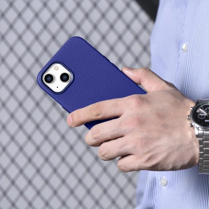 iCarer Litchi Premium odinis dėklas iPhone 14 magnetinis odinis dėklas su MagSafe tamsiai mėlynas (WMI14220709-DB)