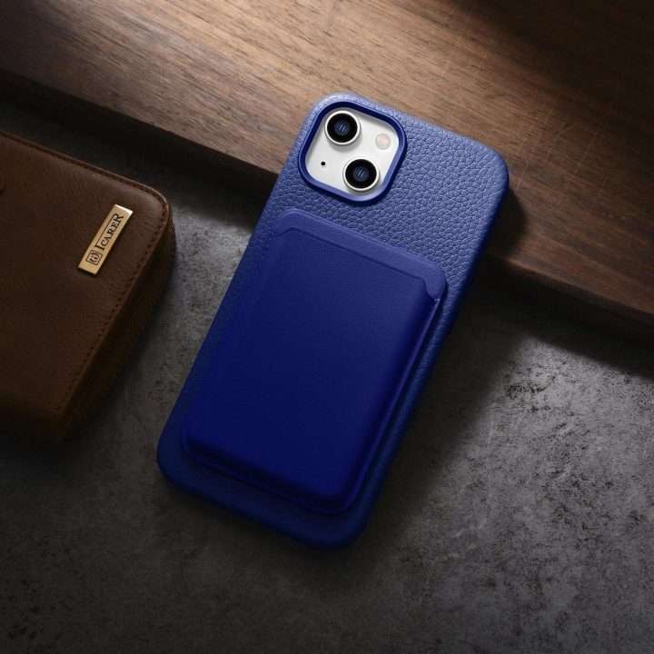 iCarer Litchi Premium odinis dėklas iPhone 14 magnetinis odinis dėklas su MagSafe tamsiai mėlynas (WMI14220709-DB)