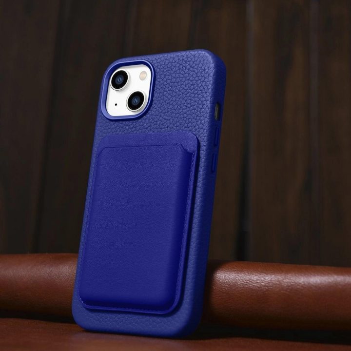 iCarer Litchi Premium odinis dėklas iPhone 14 magnetinis odinis dėklas su MagSafe tamsiai mėlynas (WMI14220709-DB)