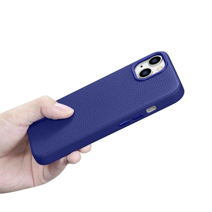 iCarer Litchi Premium odinis dėklas iPhone 14 magnetinis odinis dėklas su MagSafe tamsiai mėlynas (WMI14220709-DB)