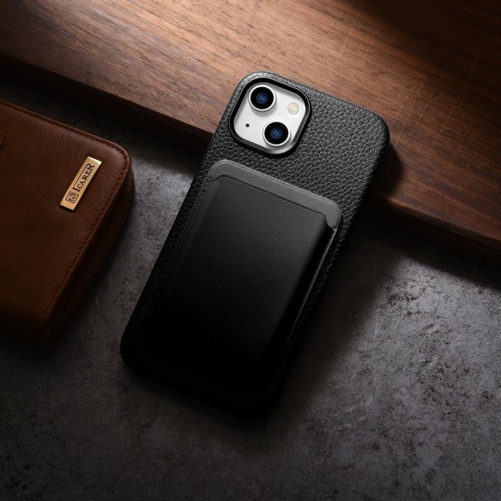 iCarer Litchi Premium odinis dėklas iPhone 14 Plus magnetinis odinis dėklas su MagSafe juodas (WMI14220711-BK)