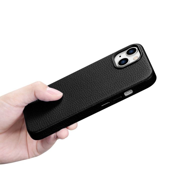 iCarer Litchi Premium odinis dėklas iPhone 14 Plus magnetinis odinis dėklas su MagSafe juodas (WMI14220711-BK)