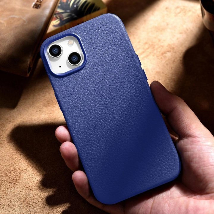 iCarer Litchi Premium odinis dėklas iPhone 14 Plus magnetinis odinis dėklas su MagSafe , tamsiai mėlynas (WMI14220711-DB)