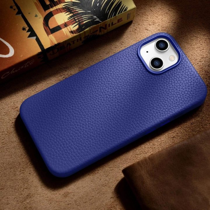 iCarer Litchi Premium odinis dėklas iPhone 14 Plus magnetinis odinis dėklas su MagSafe , tamsiai mėlynas (WMI14220711-DB)
