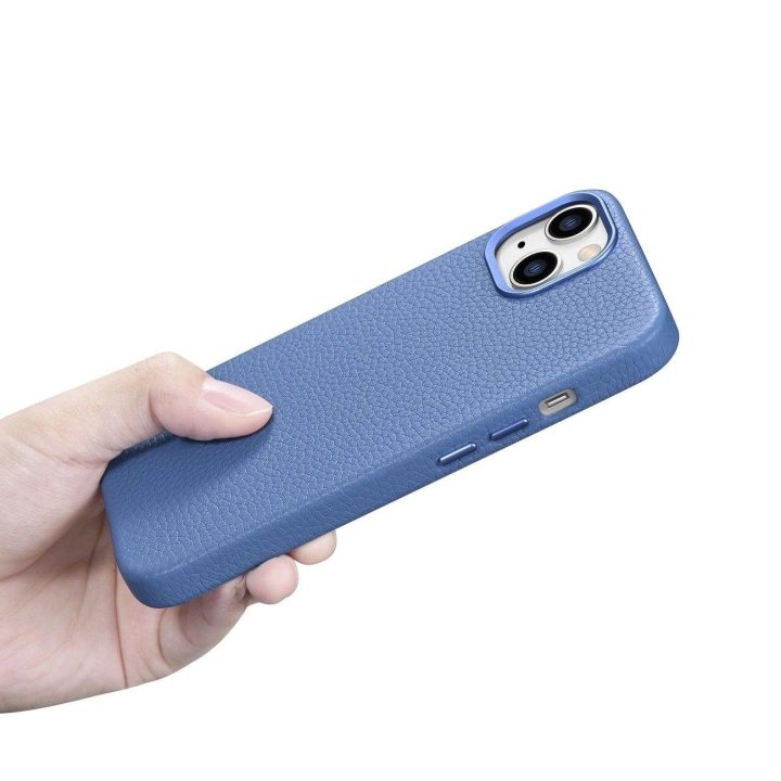 iCarer Litchi Premium odinis dėklas iPhone 14 Plus magnetinis odinis dėklas su MagSafe , šviesiai mėlynas (WMI14220711-LB)