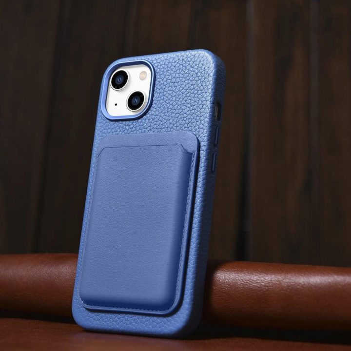 iCarer Litchi Premium odinis dėklas iPhone 14 Plus magnetinis odinis dėklas su MagSafe , šviesiai mėlynas (WMI14220711-LB)