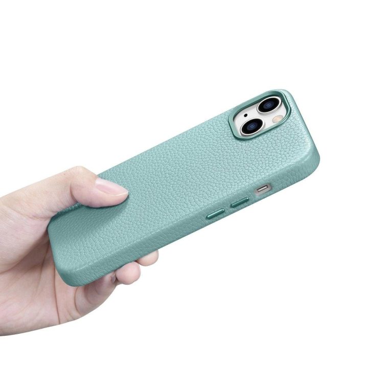 iCarer Litchi Premium odinis dėklas iPhone 14 Plus magnetinis odinis dėklas su MagSafe , žalias (WMI14220711-GN)