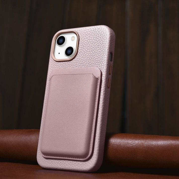 iCarer Litchi Premium odinis dėklas iPhone 14 Plus magnetinis odinis dėklas su MagSafe Pink (WMI14220711-PK)