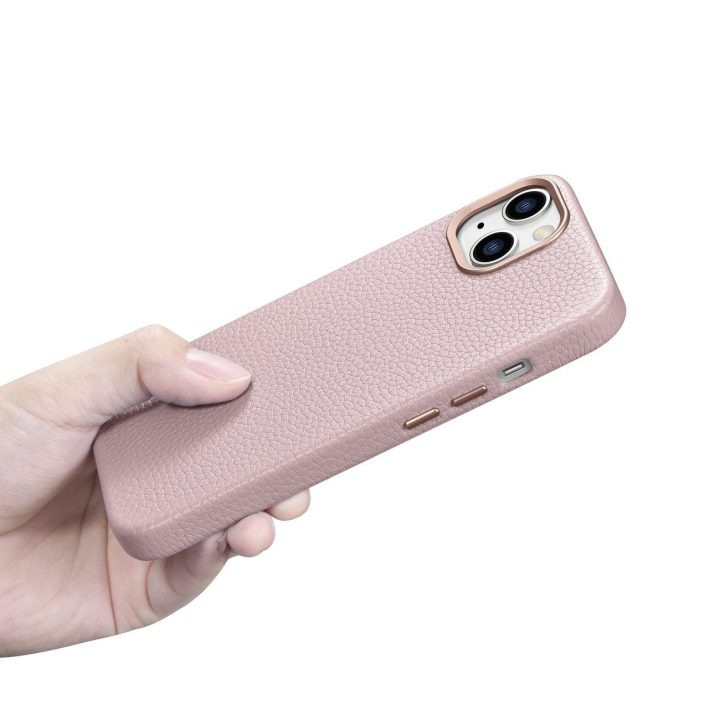iCarer Litchi Premium odinis dėklas iPhone 14 Plus magnetinis odinis dėklas su MagSafe Pink (WMI14220711-PK)