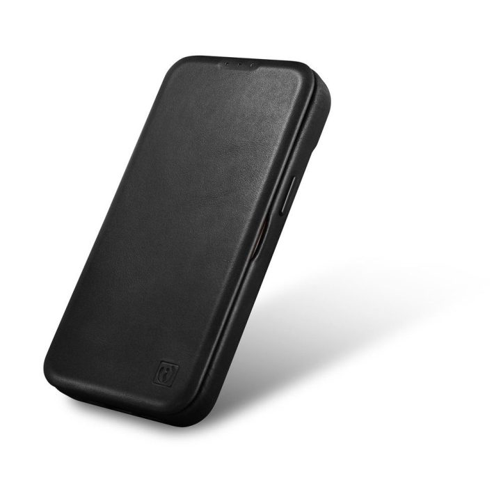 iCarer CE Oil Wax Premium Leather Folio Case odinis dėklas iPhone 14 Plus , magnetinis atlenkiamasis MagSafe , juodas (AKI142207