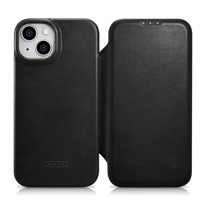 iCarer CE Oil Wax Premium Leather Folio Case odinis dėklas iPhone 14 Plus , magnetinis atlenkiamasis MagSafe , juodas (AKI142207