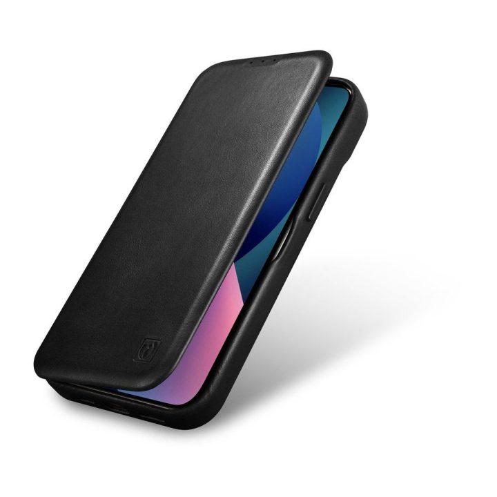 iCarer CE Oil Wax Premium Leather Folio Case odinis dėklas iPhone 14 Plus , magnetinis atlenkiamasis MagSafe , juodas (AKI142207